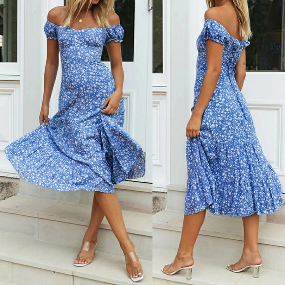 Dresses & Skirts - New💫 Blue White Floral Off-the-shoulder Midi